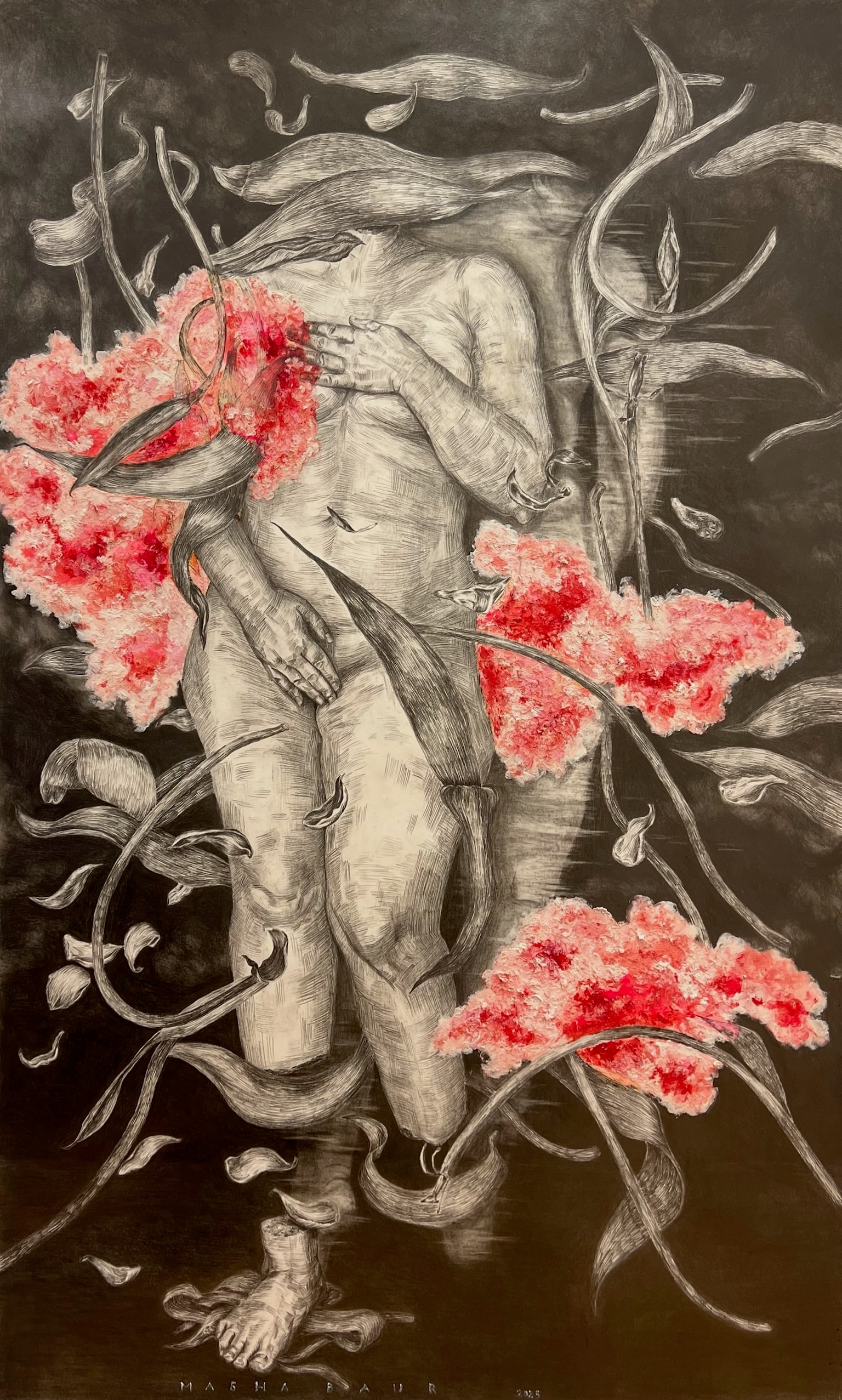 Whispers of Becoming and the Past, pencil and oil stick on paper